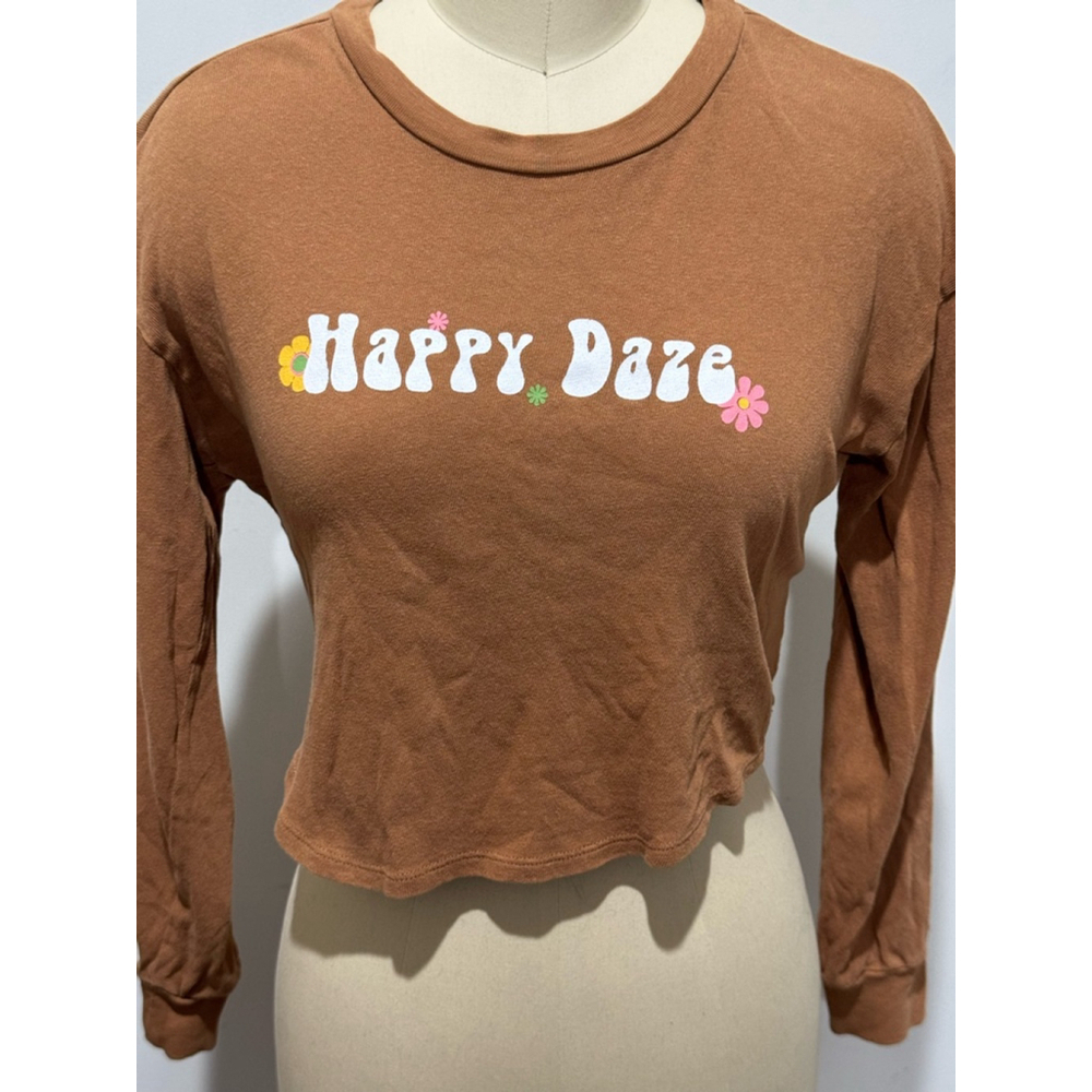 Women's Forever 21 Happy Daze graphic Brown Crop Top t-shirt Size S long sleeve